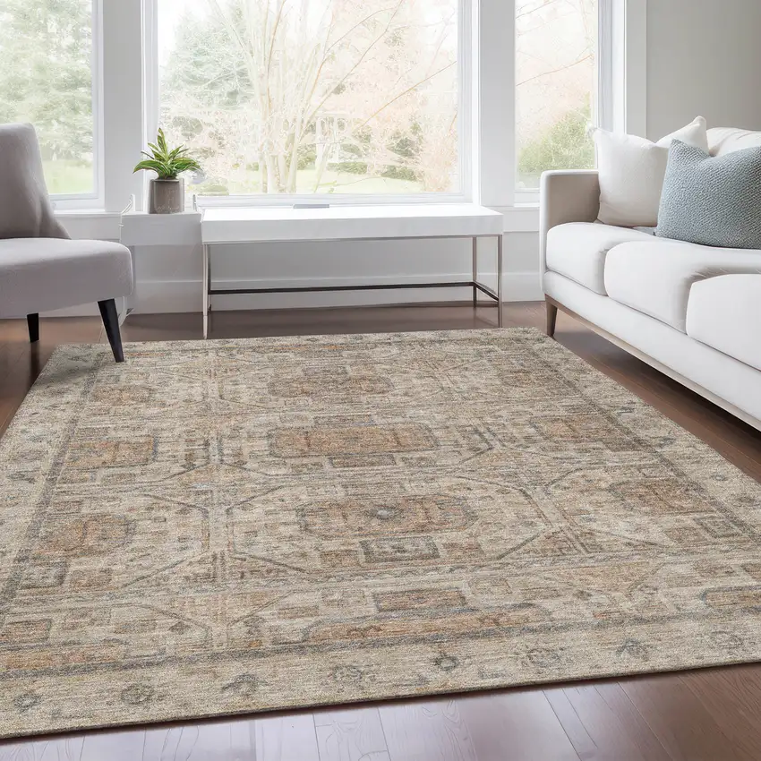 Beige And Brown Geometric Washable Indoor Outdoor Area Rug Photo 8