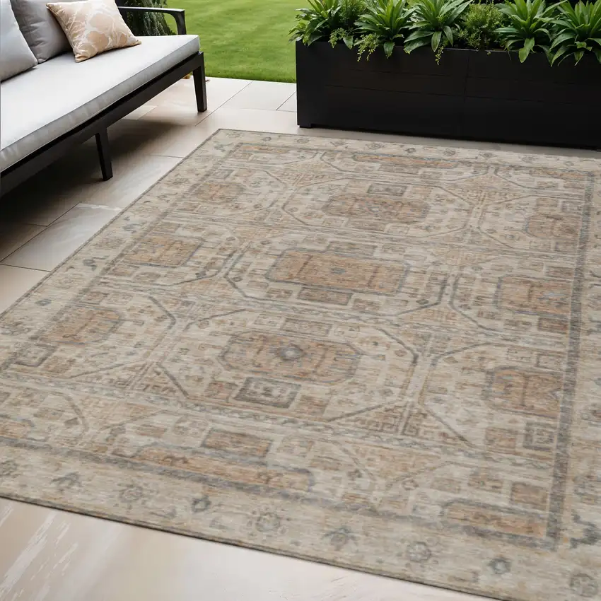 Beige And Brown Geometric Washable Indoor Outdoor Area Rug Photo 2