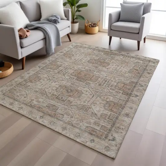 Beige And Brown Geometric Washable Indoor Outdoor Area Rug Photo 7