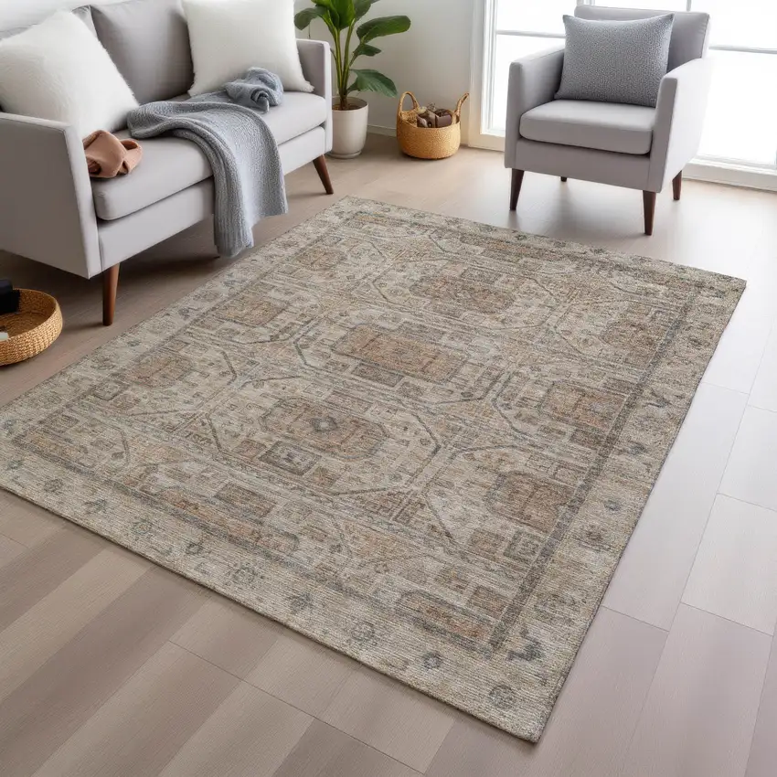 Beige And Brown Geometric Washable Indoor Outdoor Area Rug Photo 7