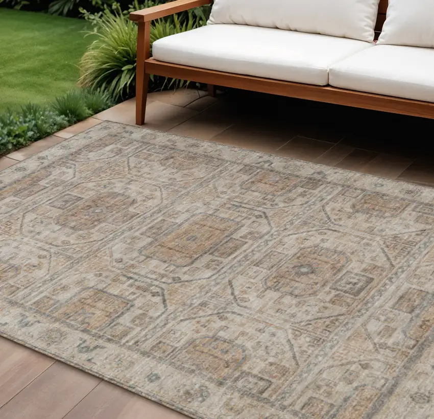 Beige And Brown Geometric Washable Indoor Outdoor Area Rug Photo 2