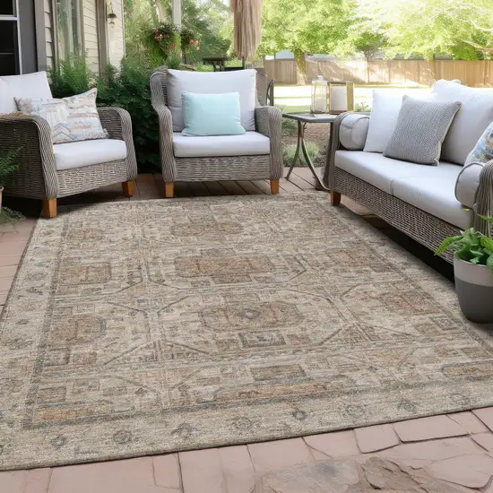 Beige And Brown Geometric Washable Indoor Outdoor Area Rug Photo 6