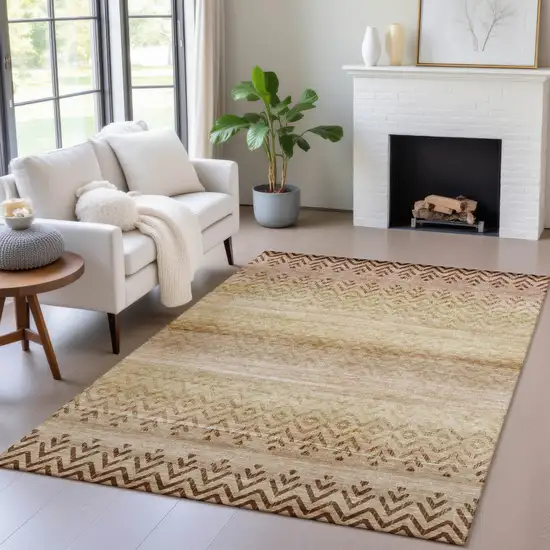 Beige And Brown Geometric Washable Indoor Outdoor Area Rug Photo 6
