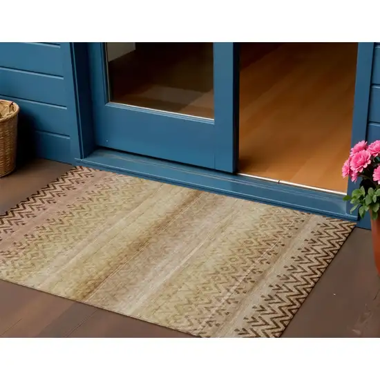 Beige And Brown Geometric Washable Indoor Outdoor Area Rug Photo 2