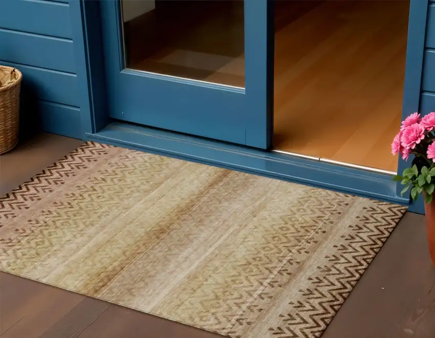 Beige And Brown Geometric Washable Indoor Outdoor Area Rug Photo 2