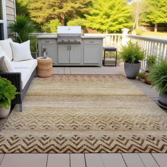 Beige And Brown Geometric Washable Indoor Outdoor Area Rug Photo 5