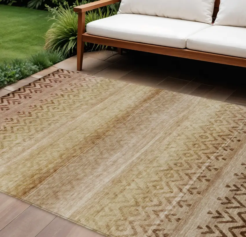 Beige And Brown Geometric Washable Indoor Outdoor Area Rug Photo 2