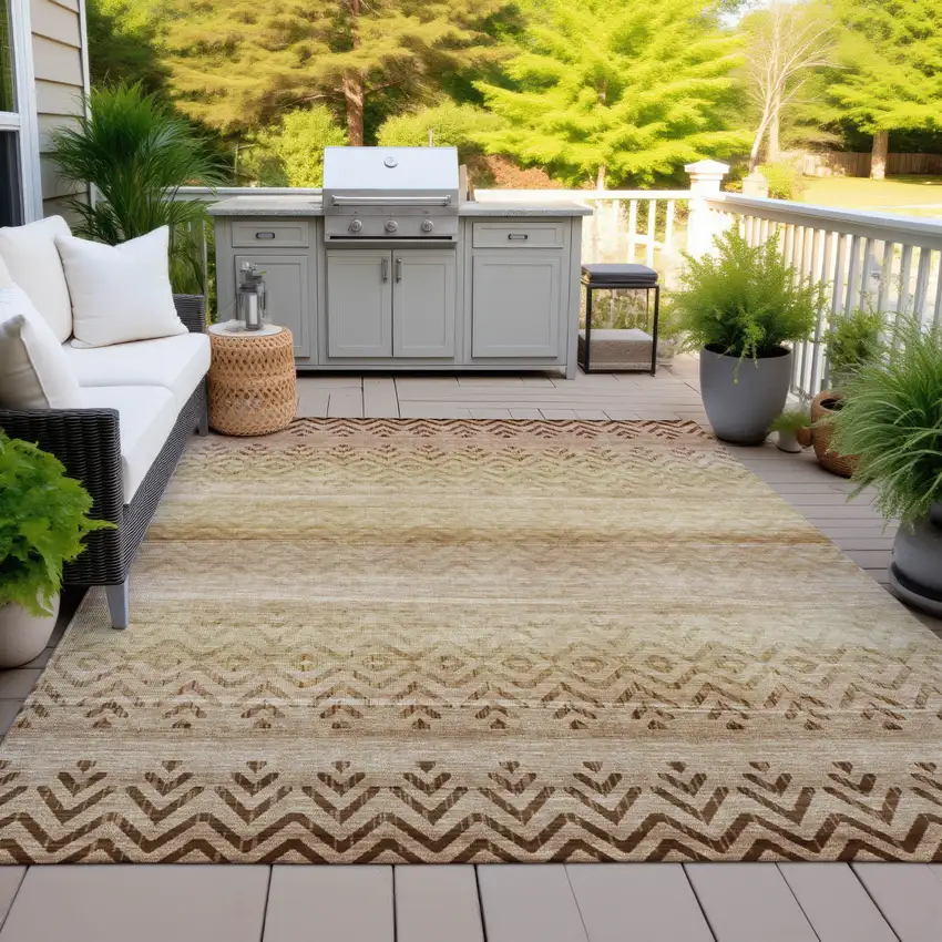Beige And Brown Geometric Washable Indoor Outdoor Area Rug Photo 5