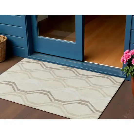 Beige And Brown Geometric Washable Indoor Outdoor Area Rug Photo 1