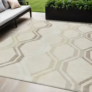 Photo of Beige And Brown Geometric Washable Indoor Outdoor Area Rug