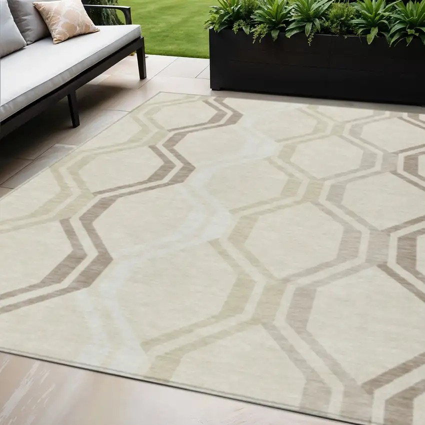 Beige And Brown Geometric Washable Indoor Outdoor Area Rug Photo 1
