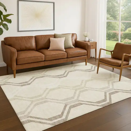 Beige And Brown Geometric Washable Indoor Outdoor Area Rug Photo 8