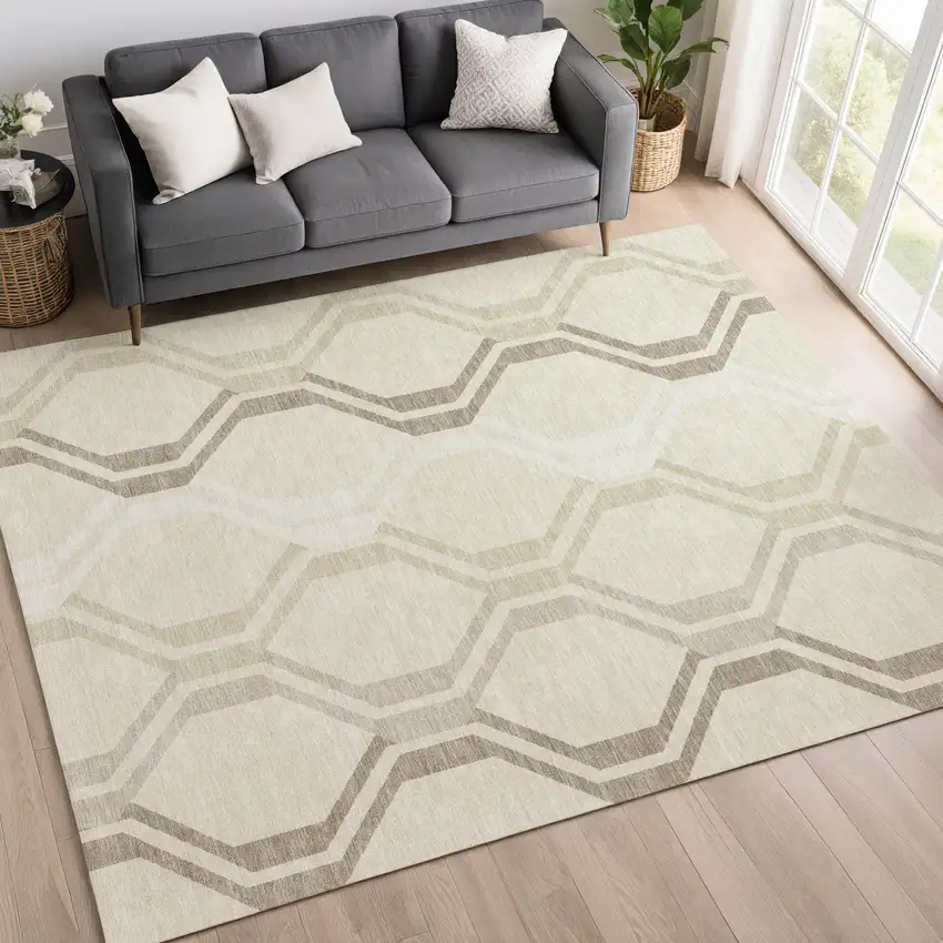 Beige And Brown Geometric Washable Indoor Outdoor Area Rug Photo 9
