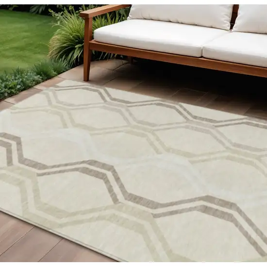 Beige And Brown Geometric Washable Indoor Outdoor Area Rug Photo 1