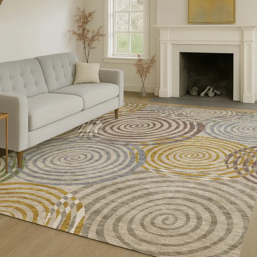 Beige And Brown Geometric Washable Indoor Outdoor Area Rug Photo 6