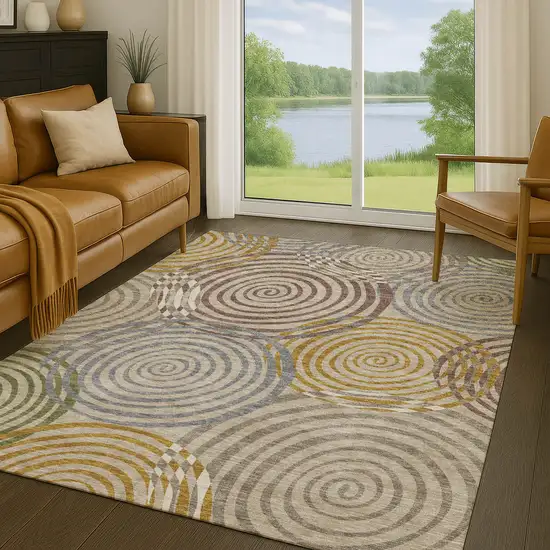 Beige And Brown Geometric Washable Indoor Outdoor Area Rug Photo 5