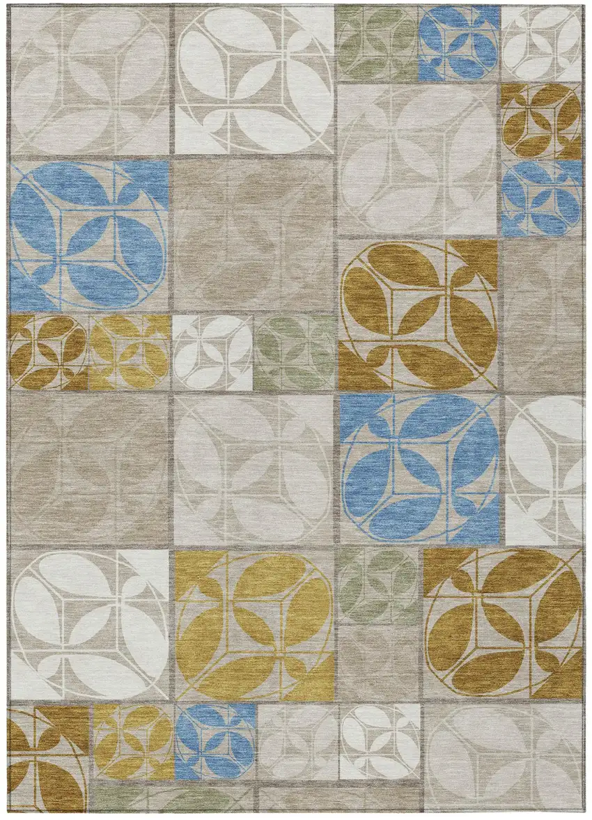 Beige And Brown Geometric Washable Indoor Outdoor Area Rug Photo 1