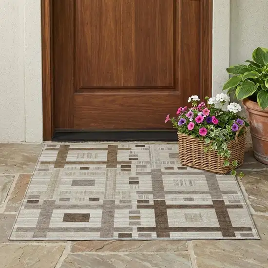 Beige And Brown Geometric Washable Indoor Outdoor Area Rug Photo 1