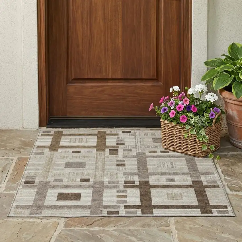 Beige And Brown Geometric Washable Indoor Outdoor Area Rug Photo 1