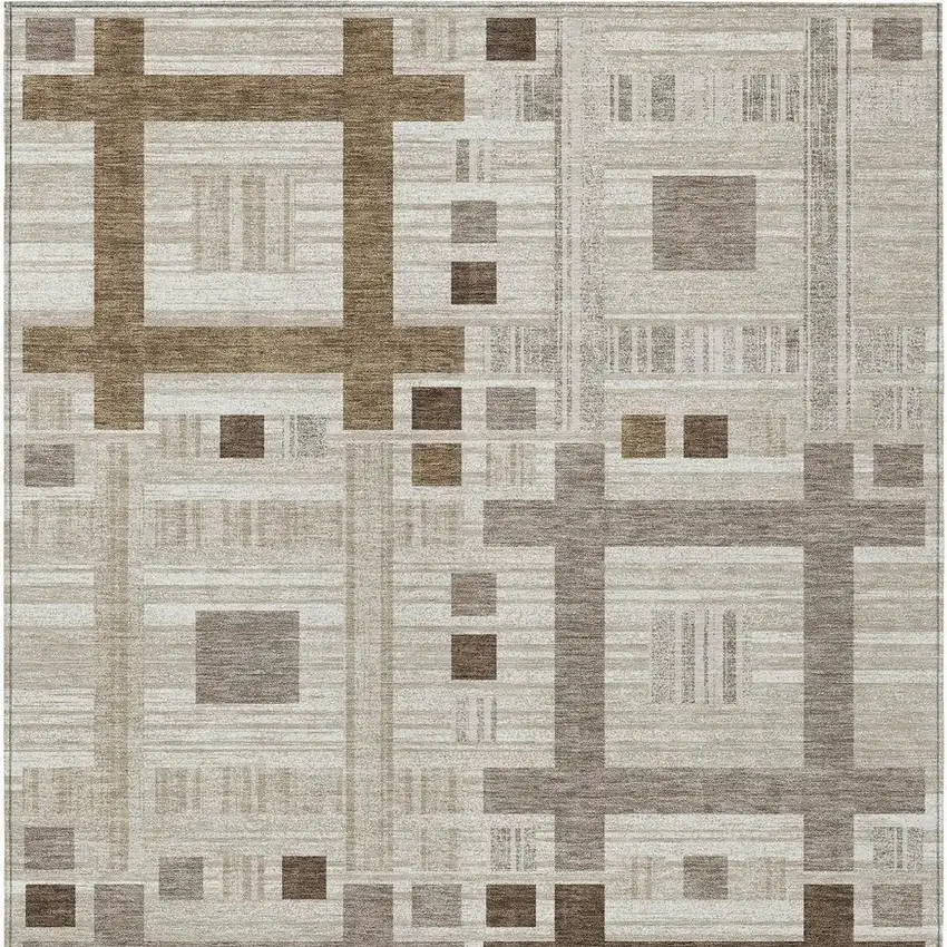 Beige And Brown Geometric Washable Indoor Outdoor Area Rug Photo 4