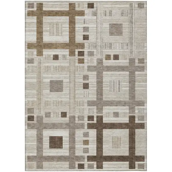 Beige And Brown Geometric Washable Indoor Outdoor Area Rug Photo 2