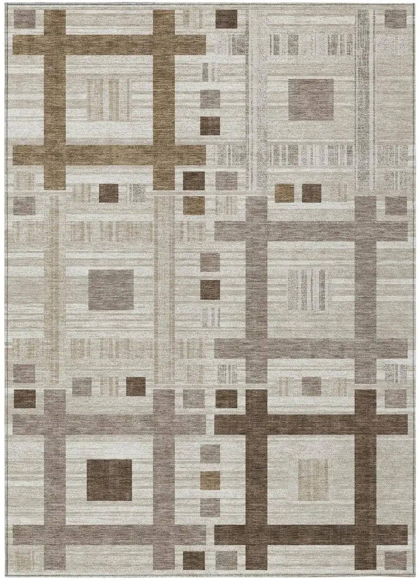 Beige And Brown Geometric Washable Indoor Outdoor Area Rug Photo 2