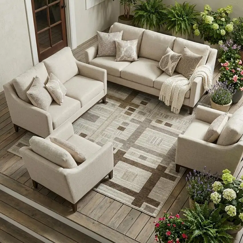 Beige And Brown Geometric Washable Indoor Outdoor Area Rug Photo 1