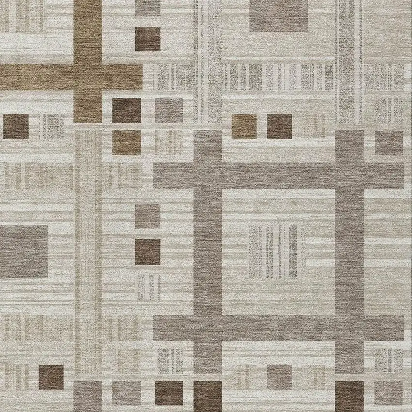 Beige And Brown Geometric Washable Indoor Outdoor Area Rug Photo 3