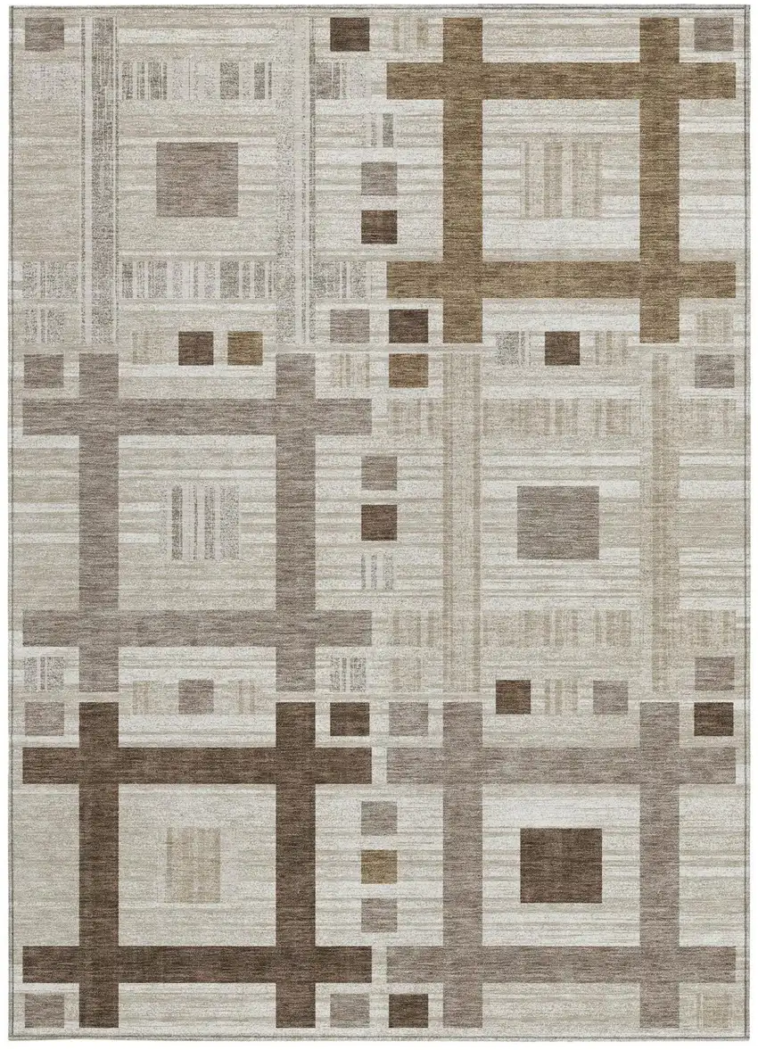 Beige And Brown Geometric Washable Indoor Outdoor Area Rug Photo 4