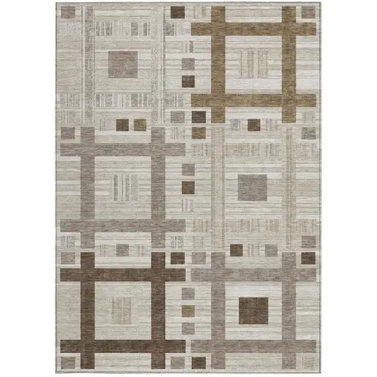 Beige And Brown Geometric Washable Indoor Outdoor Area Rug Photo 4