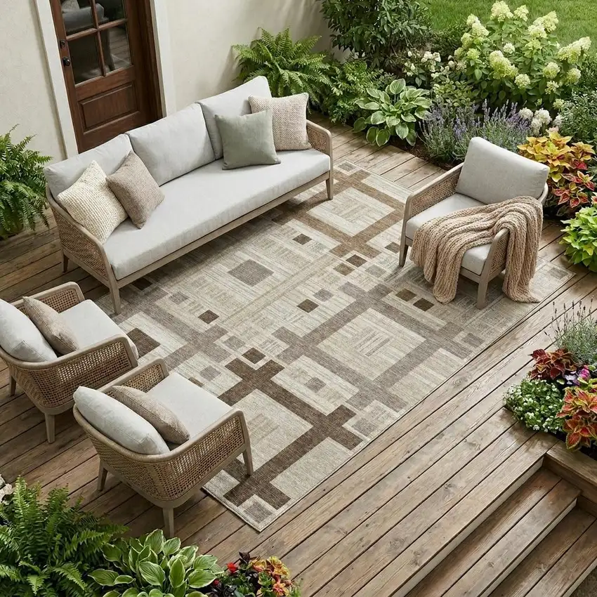 Beige And Brown Geometric Washable Indoor Outdoor Area Rug Photo 1