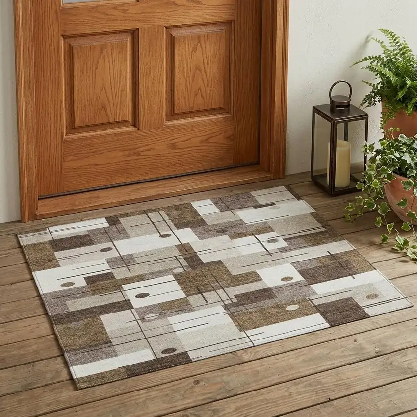 Beige And Brown Geometric Washable Indoor Outdoor Area Rug Photo 1