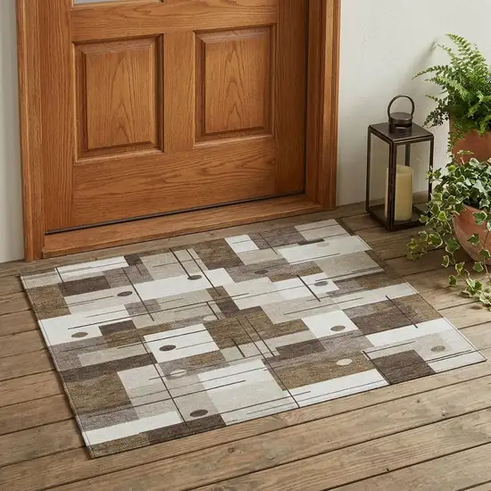Beige And Brown Geometric Washable Indoor Outdoor Area Rug Photo 1