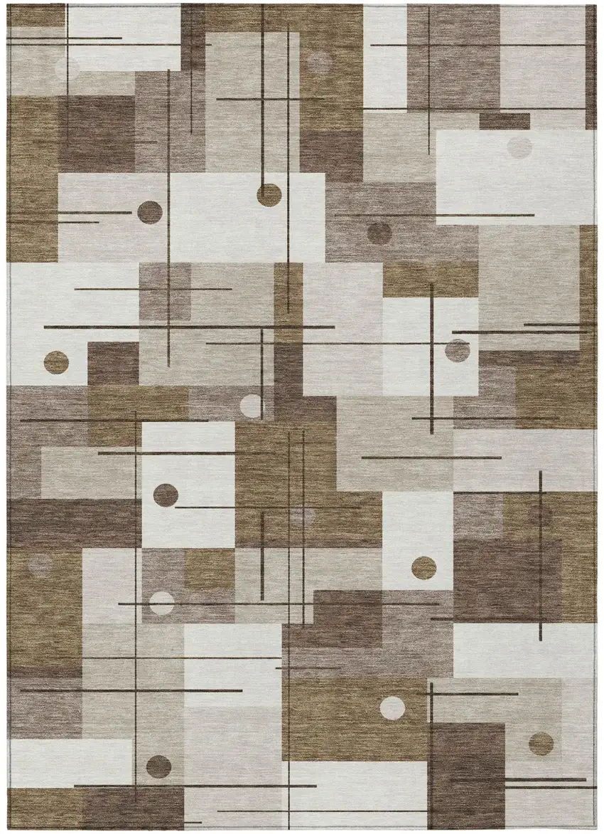 Beige And Brown Geometric Washable Indoor Outdoor Area Rug Photo 2