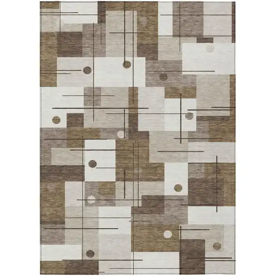 Beige And Brown Geometric Washable Indoor Outdoor Area Rug Photo 2