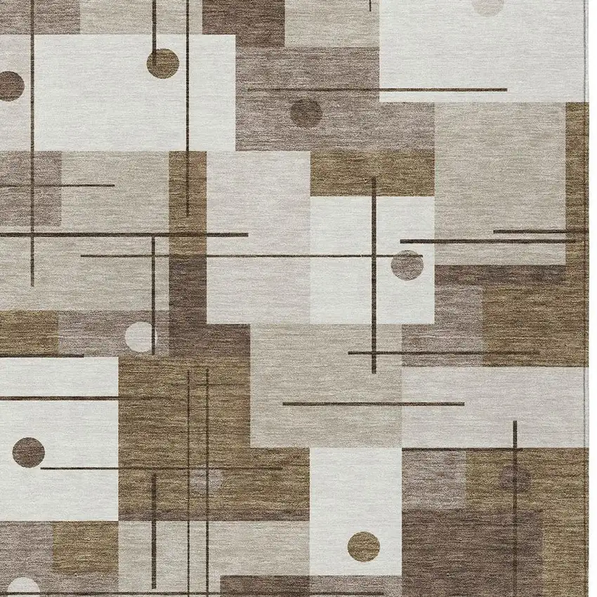 Beige And Brown Geometric Washable Indoor Outdoor Area Rug Photo 3
