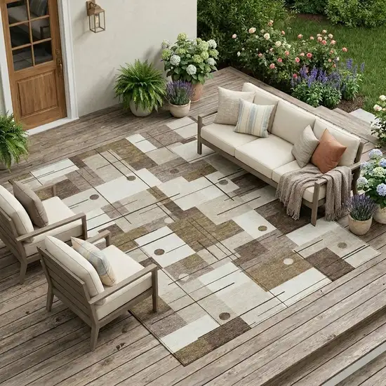 Beige And Brown Geometric Washable Indoor Outdoor Area Rug Photo 1