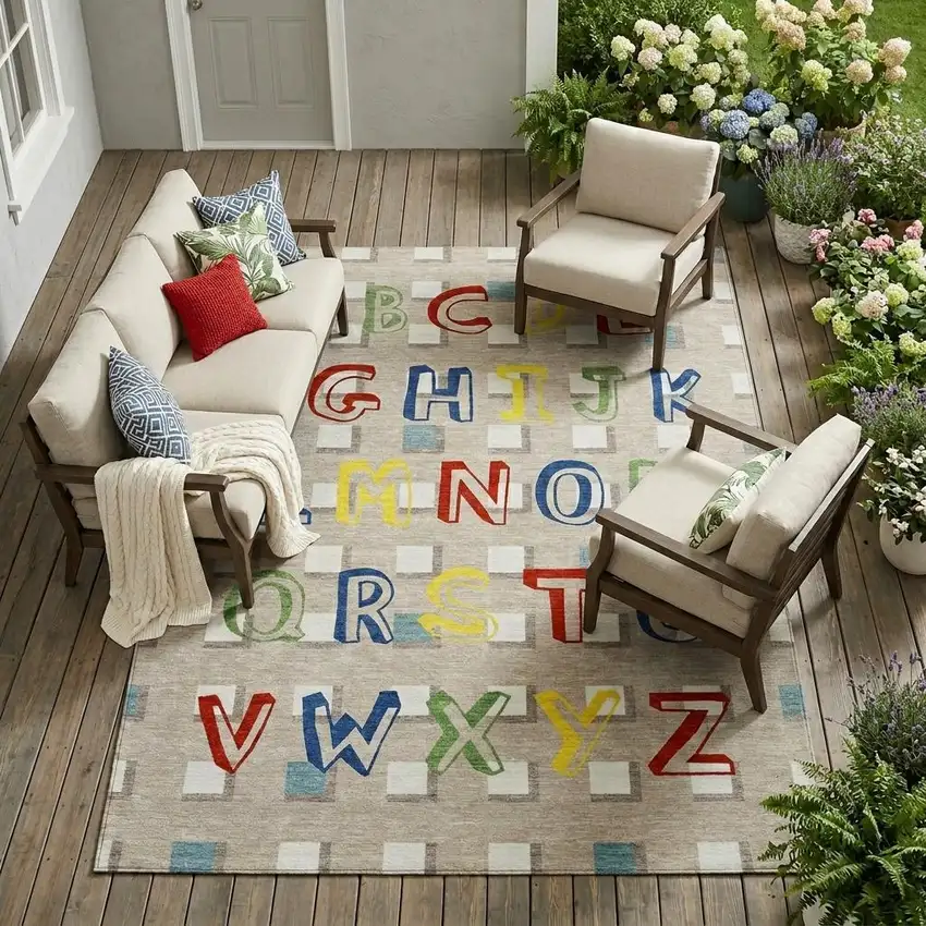 Beige And Brown Geometric Washable Indoor Outdoor Area Rug Photo 1