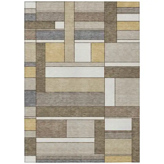 Beige And Brown Geometric Washable Indoor Outdoor Area Rug Photo 2