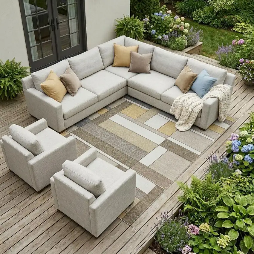Beige And Brown Geometric Washable Indoor Outdoor Area Rug Photo 1