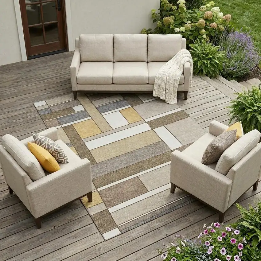 Beige And Brown Geometric Washable Indoor Outdoor Area Rug Photo 1