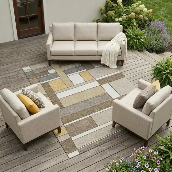Beige And Brown Geometric Washable Indoor Outdoor Area Rug Photo 1