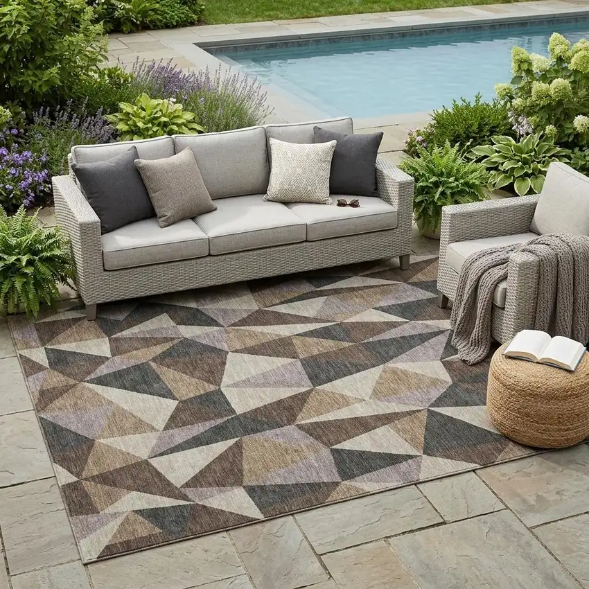 Beige And Brown Geometric Washable Indoor Outdoor Area Rug Photo 1