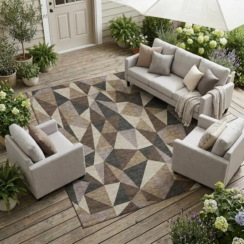 Beige And Brown Geometric Washable Indoor Outdoor Area Rug Photo 1