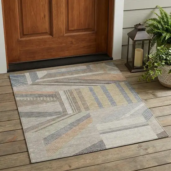 Beige And Brown Geometric Washable Indoor Outdoor Area Rug Photo 1