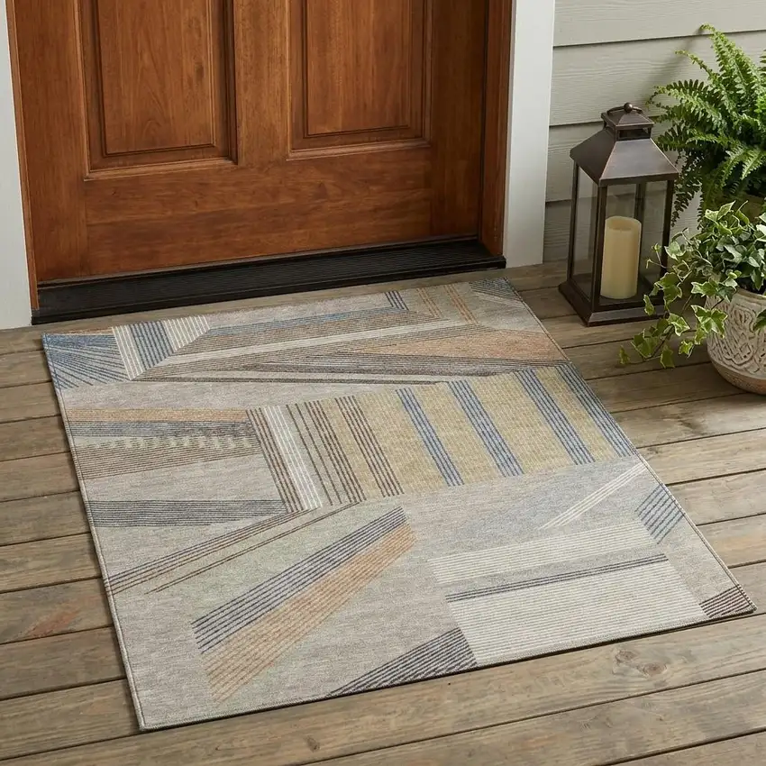 Beige And Brown Geometric Washable Indoor Outdoor Area Rug Photo 1