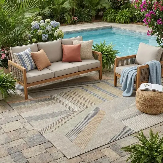 Beige And Brown Geometric Washable Indoor Outdoor Area Rug Photo 1