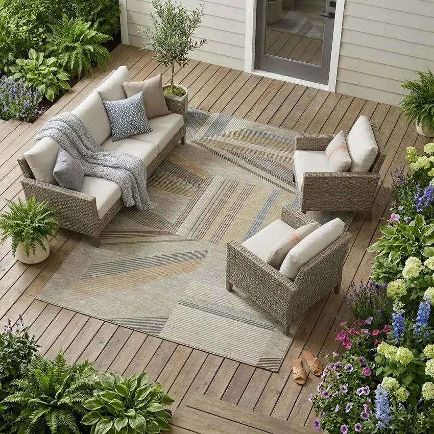 Beige And Brown Geometric Washable Indoor Outdoor Area Rug Photo 1