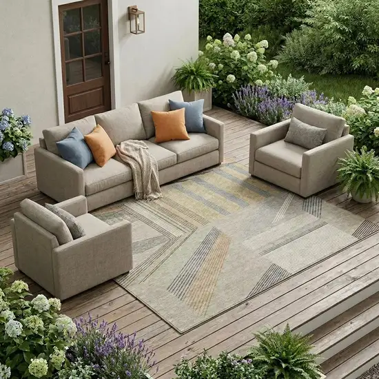 Beige And Brown Geometric Washable Indoor Outdoor Area Rug Photo 1