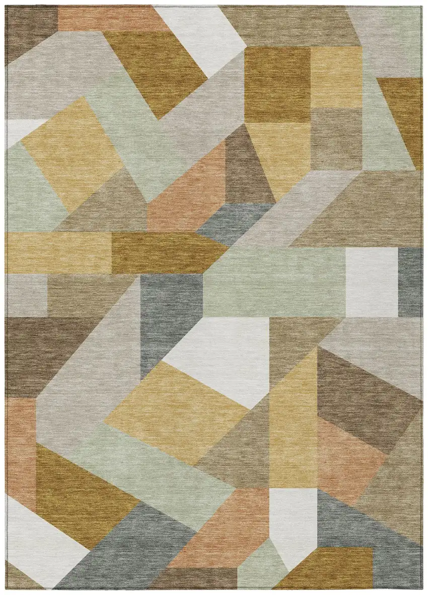 Beige And Brown Geometric Washable Indoor Outdoor Area Rug Photo 1